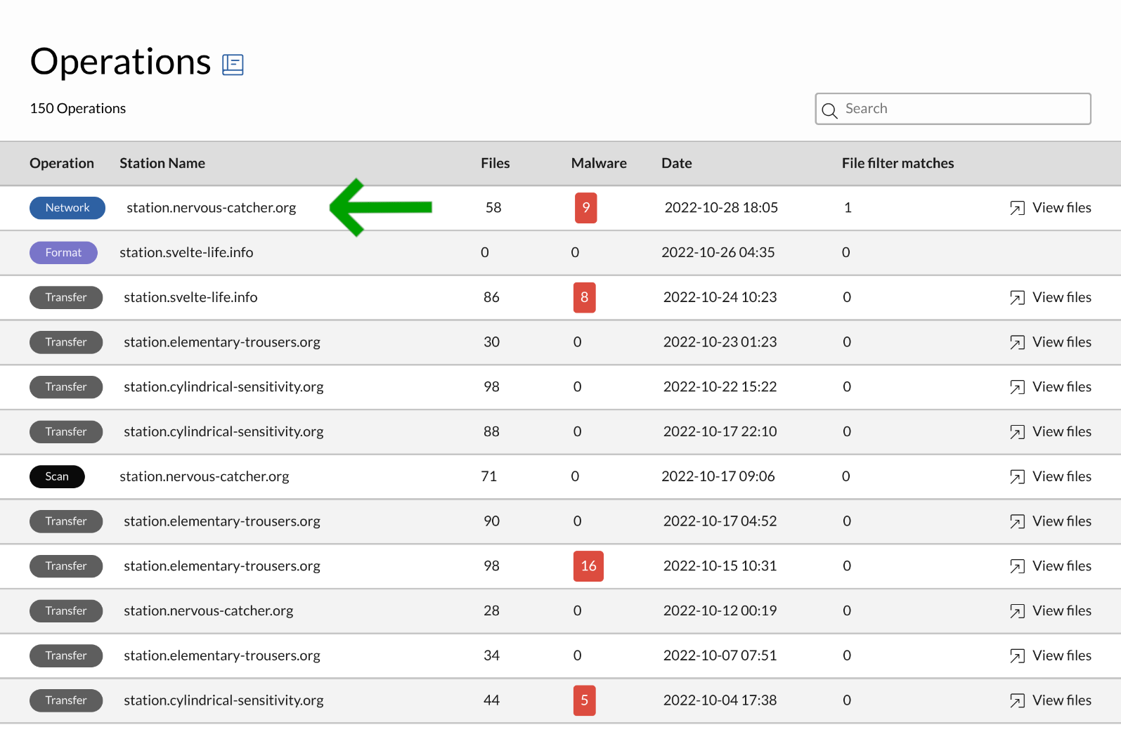 Operations log - scan records from DataLock highlighted with dark green arrow