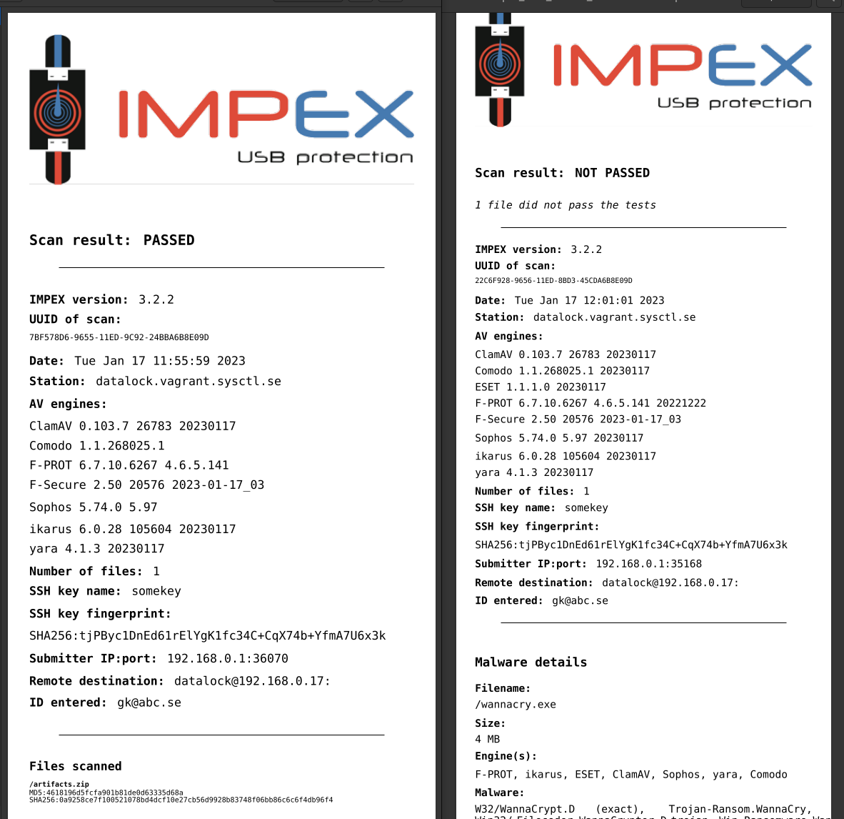 Receipts: Left example of passed and right example of not passed