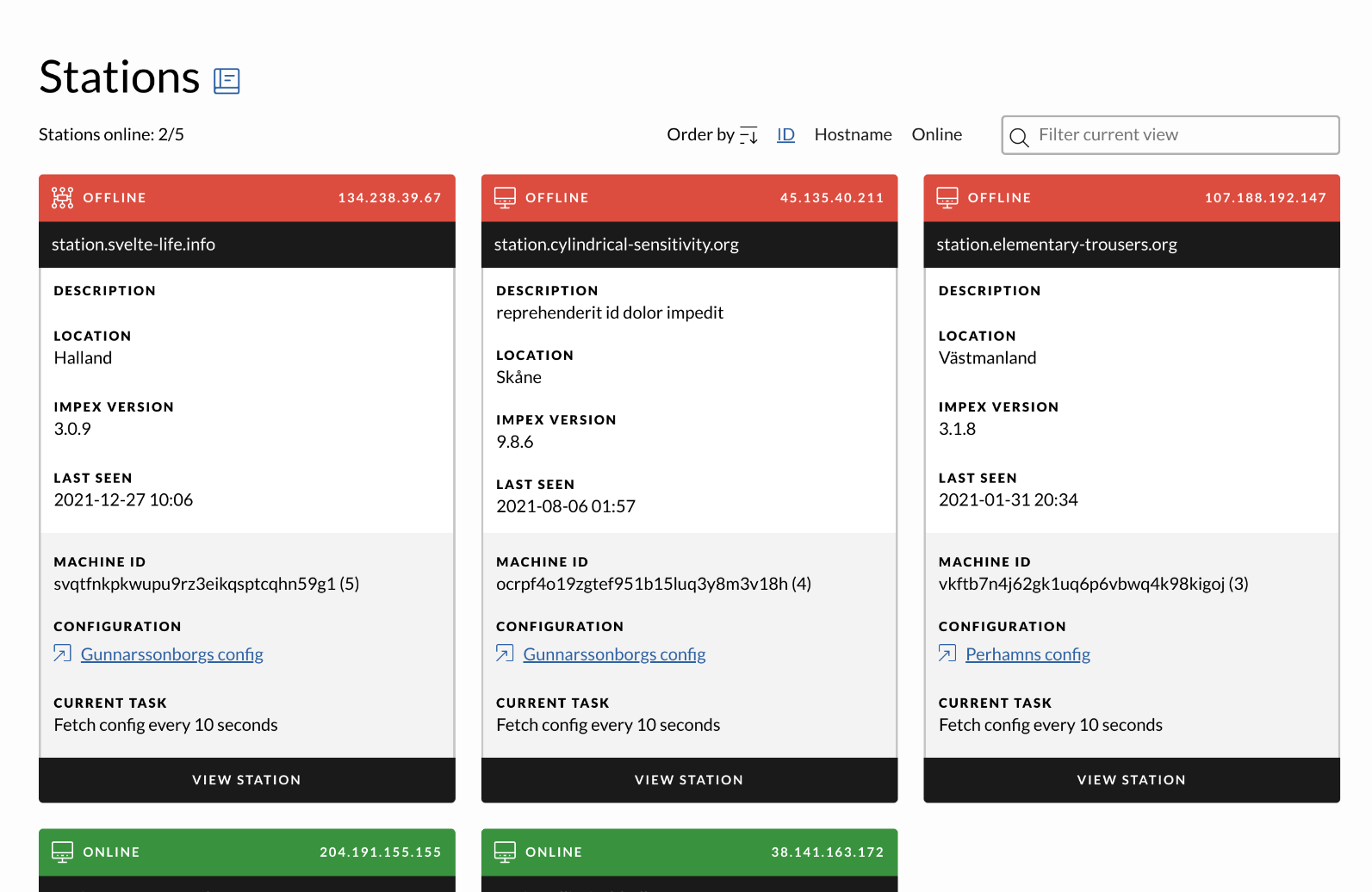 Station cards list